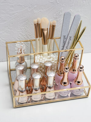 Glass Makeup Organizer Bathroom Cosmetic Organizer With Golden