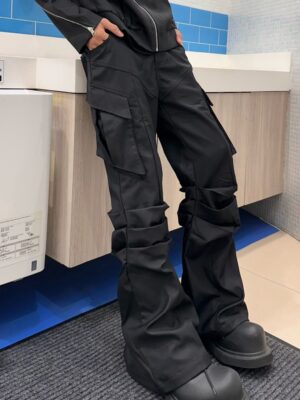 Large Pocket Pleated Black Cargo Pants Men