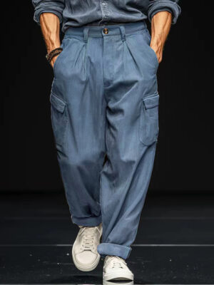 Mens Relaxed-fit Retro Straight-leg Casual Trousers With Multiple Pockets