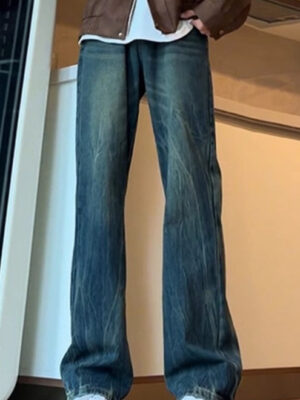 Mens Washed Straight-Slit Denim Jeans